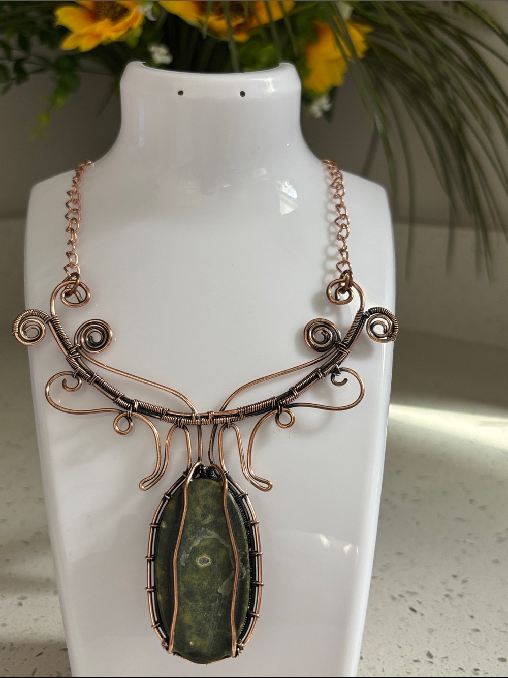 Handcrafted Copper Wire Necklace with Green Stichtite Jasper Gemstone